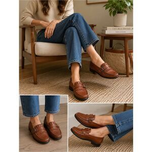 Earth Shoe Gelron 2000 Leather Loafers Buckle & Fringe Detail Classic Comfort